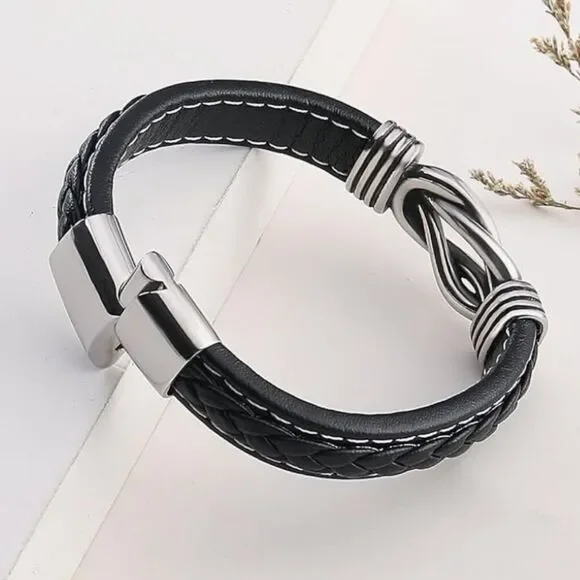 🔸️NIB Black "To My Man" Braided Leather Infinity Knot Cuff Bracelet 7.8" - Picture 4 of 11